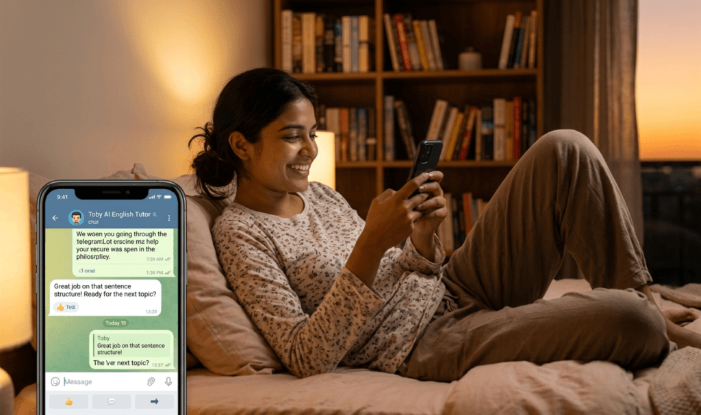 woman using Toby AI English tutor on Telegram to practise speaking at home