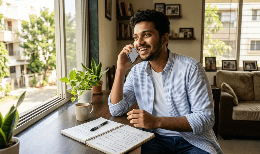 confident man improving English speaking skills alone at home with phone and notebook
