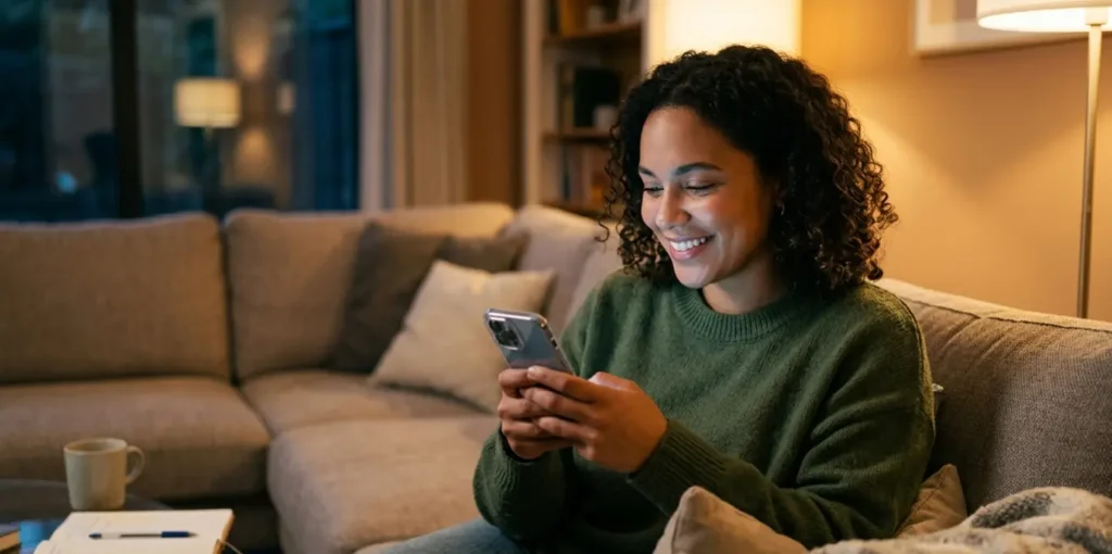 Person smiling while using Toby AI English tutor on Telegram at home
