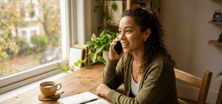 Person practicing daily English conversation with an AI tutor on their phone at a sunlit desk