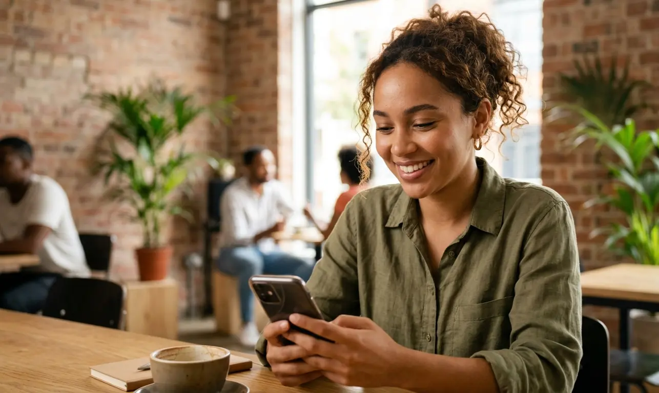 Smiling person confidently practicing English with an AI tutor on their phone
