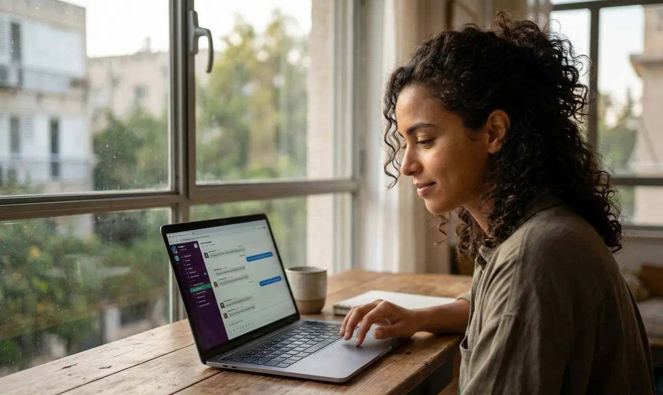 Confident English learner smiling at laptop practicing real English conversation to stop translating