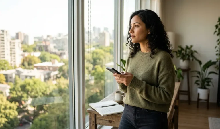 English learner standing by window with phone, looking confident and motivated