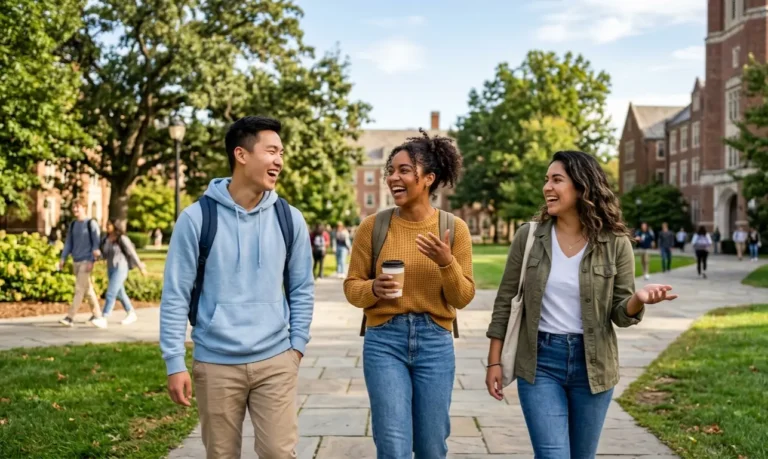 Diverse group of English learners speaking confidently together outdoors, showing real conversation progress